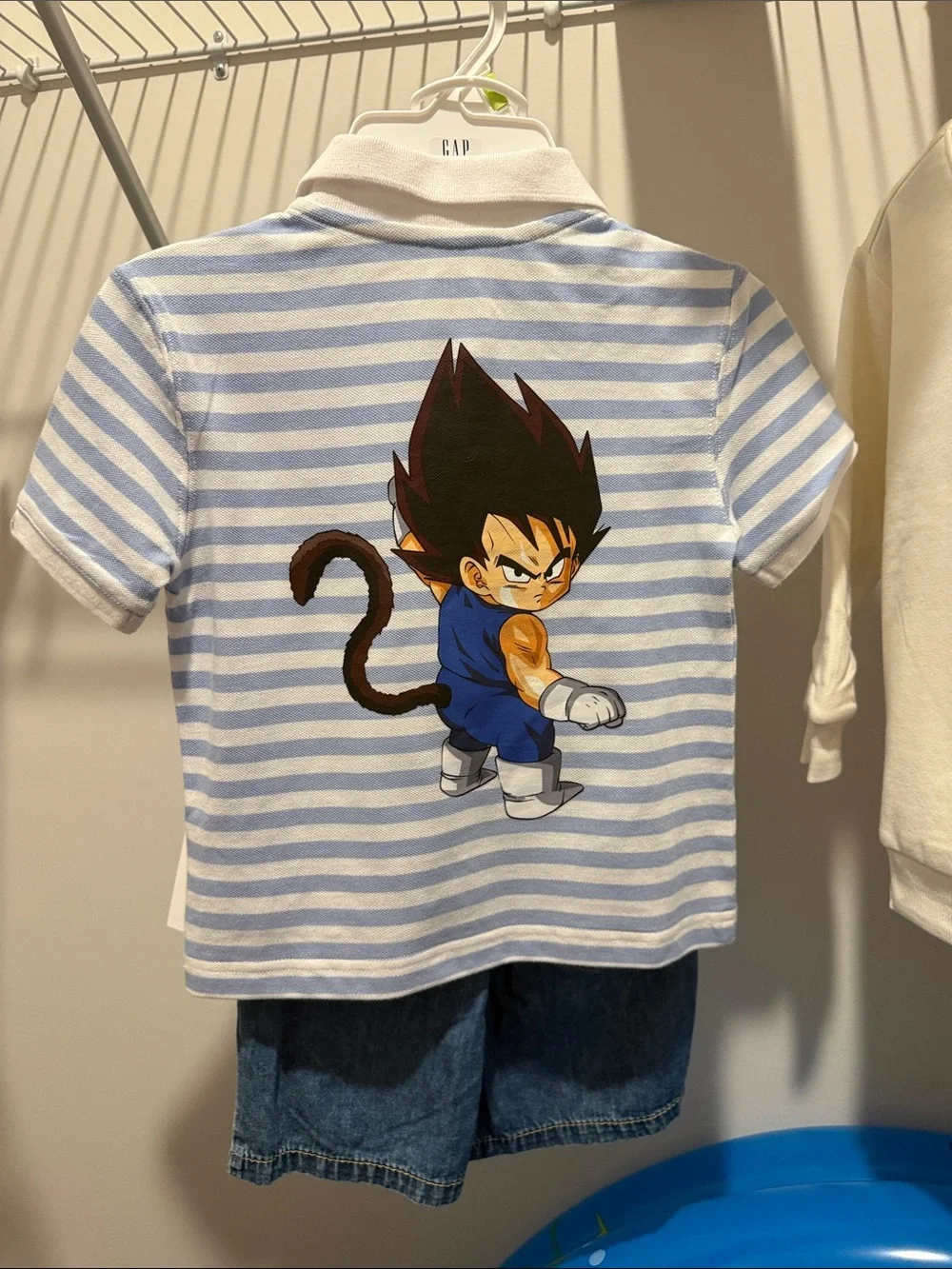 GAP Light Blue & White Striped Polo with Cartoon Appliqué